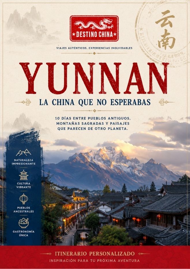 Cartel promocional de la agencia Destino China para la ruta de 10 días por Yunnan, destacando la naturaleza, cultura y pueblos ancestrales