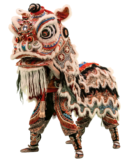 Bailarines con vestuario colorido de león, ejecutando la tradicional danza del león chino