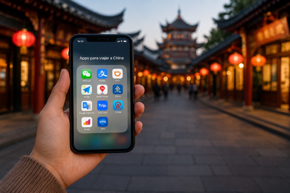 Una mano sostiene un celular que muestra los iconos de diversas aplicaciones chinas.