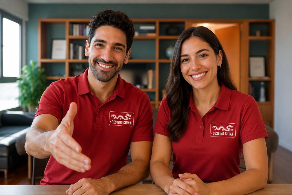 Mujer y hombre jóvenes sonrien, vistiendo una camiseta con e logotipo de la empresa Destino China