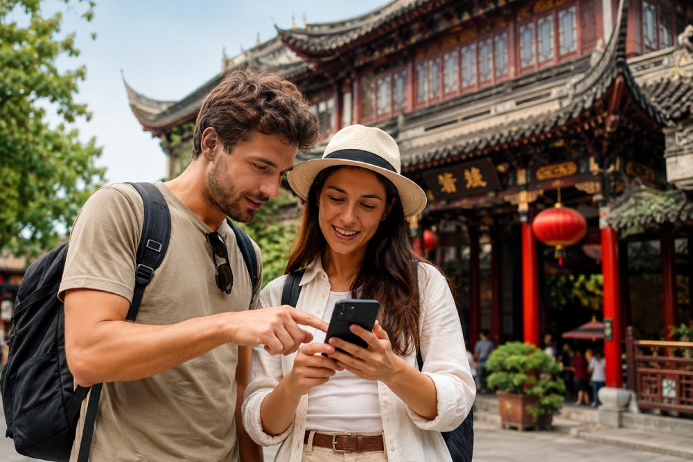 Un hombre y una mujer parados frente a un edificio tradicional en China, mirando atentos la pantalla de un celular
